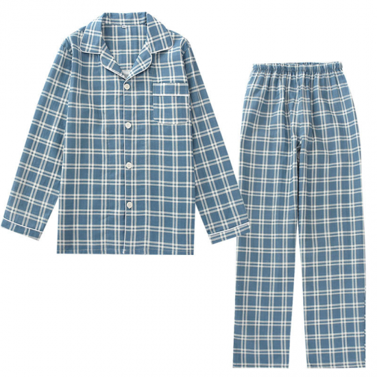 Spring and autumn mens pajamas long-sleeved trousers cotton double gauze lattice large size suit home service men's pajamas suit Spring and autumn mens pajamas long-sleeved trousers cotton double gauze lattice large size suit home service men's pajamas suit