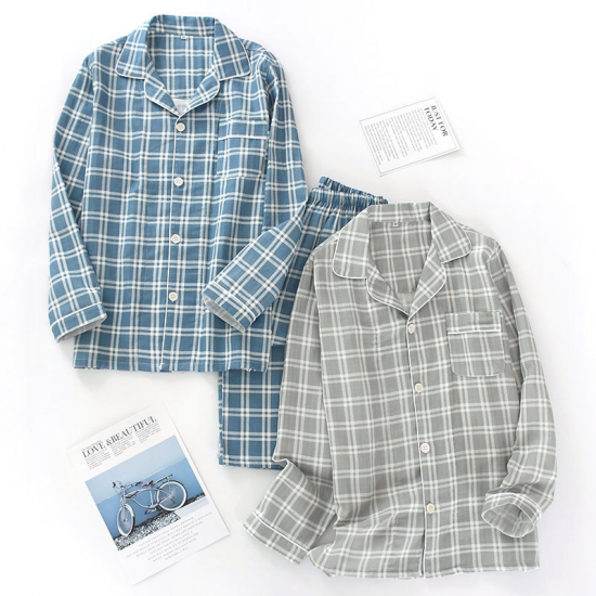 Spring and autumn mens pajamas long-sleeved trousers cotton double gauze lattice large size suit home service men's pajamas suit Spring and autumn mens pajamas long-sleeved trousers cotton double gauze lattice large size suit home service men's pajamas suit