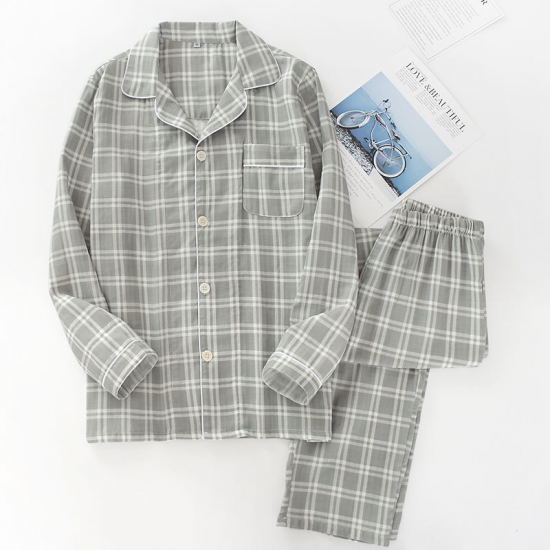 Spring and autumn mens pajamas long-sleeved trousers cotton double gauze lattice large size suit home service men's pajamas suit Spring and autumn mens pajamas long-sleeved trousers cotton double gauze lattice large size suit home service men's pajamas suit