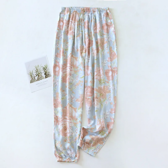 2025 Spring/Summer New Women's Sleeping Pants Viscous Fiber Gongsatin Ladies Beach Pants Mosquito Proof Pants Flower Home Pants 2025 Spring/Summer New Women's Sleeping Pants Viscous Fiber Gongsatin Ladies Beach Pants Mosquito Proof Pants Flower Home Pants
