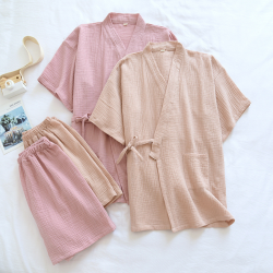 Summer New Style Japanese Kimono Pajamas Suit Couple Thin Cotton Crepe Men's Short-Sleeved Shorts Two-piece Women's Home Service