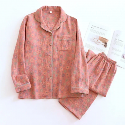 2025 new spring and summer women's pajamas suit long-sleeved trousers two-piece 100% cotton crepe flower leaves home clothes