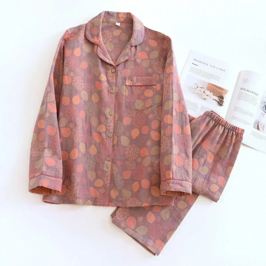 2025 new spring and summer women's pajamas suit long-sleeved trousers two-piece 100% cotton crepe flower leaves home clothes 2025 new spring and summer women's pajamas suit long-sleeved trousers two-piece 100% cotton crepe flower leaves home clothes