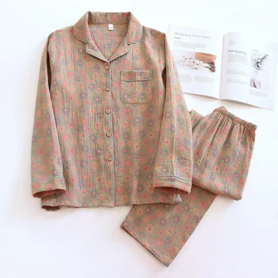2025 new spring and summer women's pajamas suit long-sleeved trousers two-piece 100% cotton crepe flower leaves home clothes 2025 new spring and summer women's pajamas suit long-sleeved trousers two-piece 100% cotton crepe flower leaves home clothes