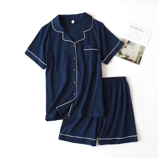 Summer 2025 new cotton couple pajamas suit female short-sleeved shorts men's pajamas thin home service suit pyjamas women pink Summer 2025 new cotton couple pajamas suit female short-sleeved shorts men's pajamas thin home service suit pyjamas women pink